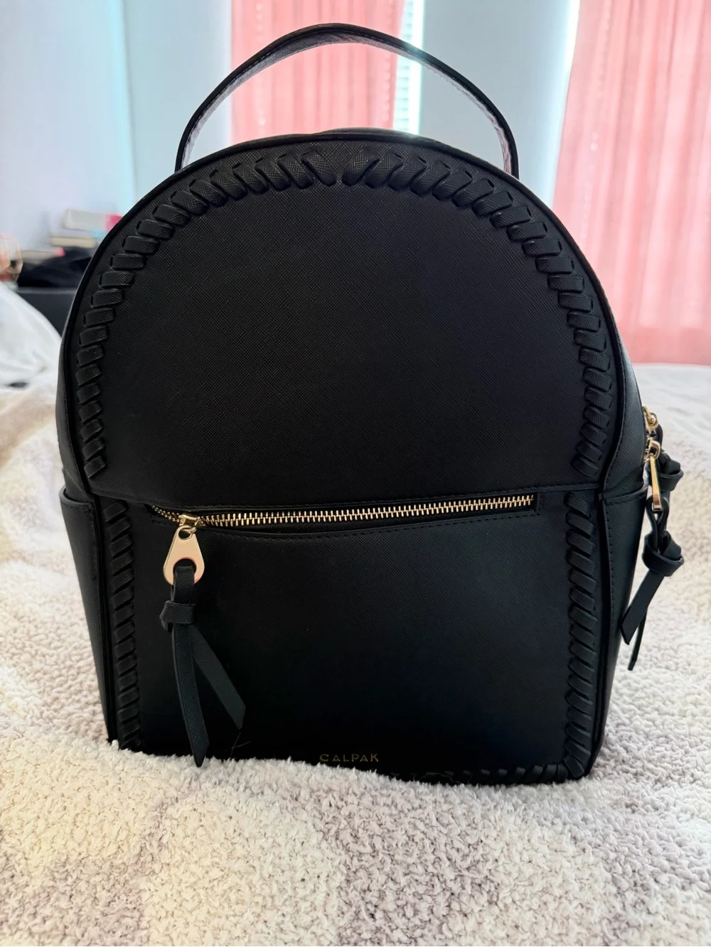 Calpak Black Mini Backpack with Braided Trim and Gold Hardware